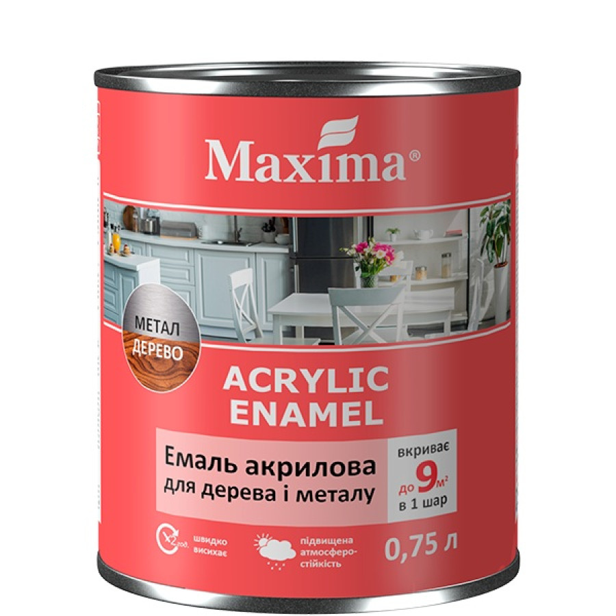 Емаль акрилова для дерева та металу, біла глянсова ТМ Maxima 0.75л - фото 1