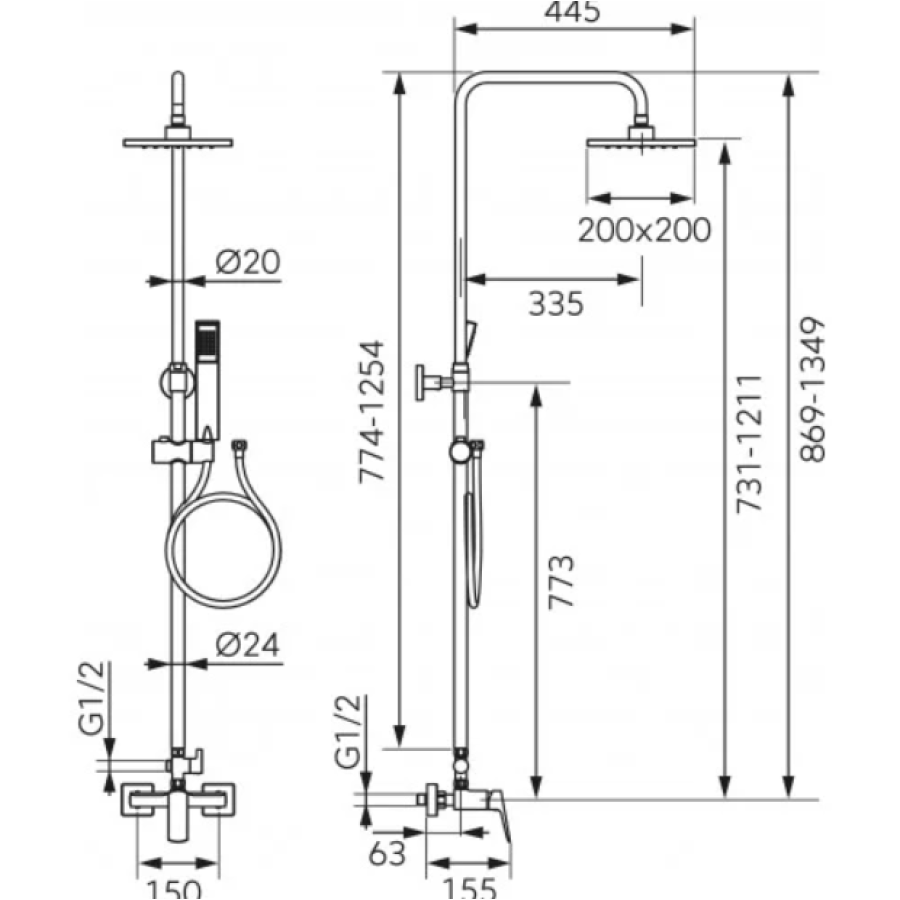 Душова система FERRO VITTO VERDELINE NP81 (лійка верх Slim20см руч. 1-F) gun metal (NP81-BVI7UVL-CM) - фото 2