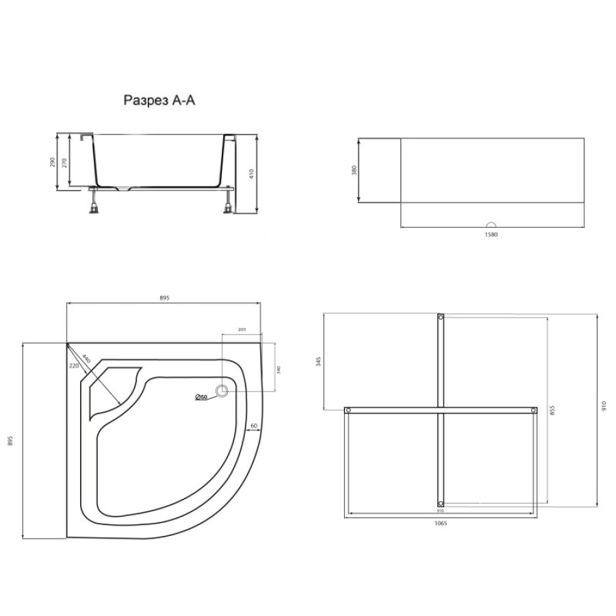 Душовий піддон Lidz Kapielka ST90X90X41, високий, напівкруглий з панелю, діаметр зливу 50мм - фото 7