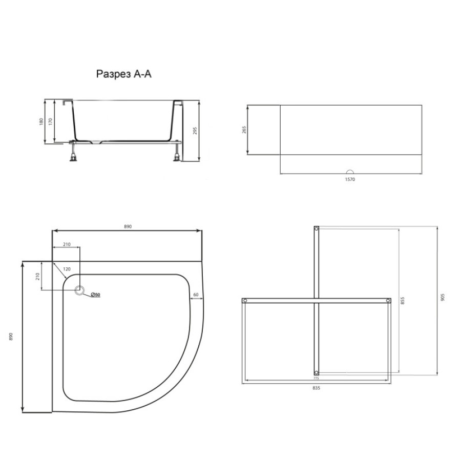Душовий піддон Lidz Kapielka ST90x90x26, середній, напівкруглий, з панеллю, діаметр зливу 52 мм - фото 7
