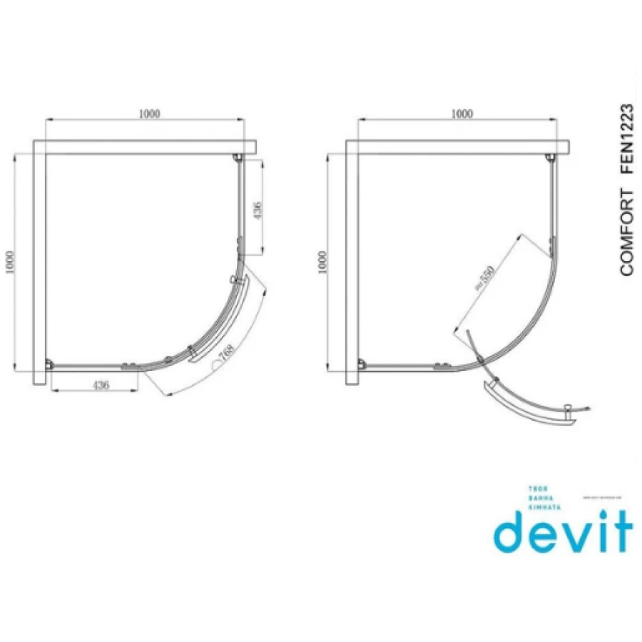 Кабина душевая Devit Fen1223 Comfort, 1/4 круга, 100х100, без поддона, стекло прозрачное - фото 3