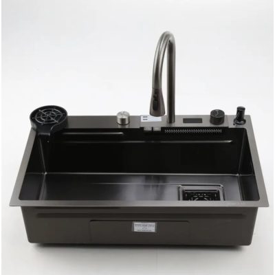 Кухонная мойка Grunvel R008 7545BL из нерж. стали черная (водопад+смеситель) (344438)