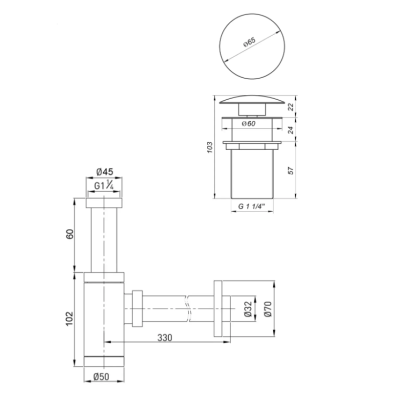 Сифон металлический с донным клапаном с переливом Globus Lux GS-32-105-03А