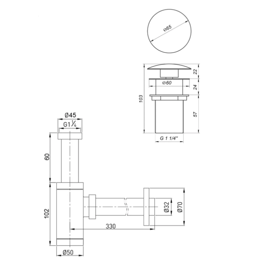 Сифон металлический с донным клапаном с переливом Globus Lux GS-32-105-03А - фото 2