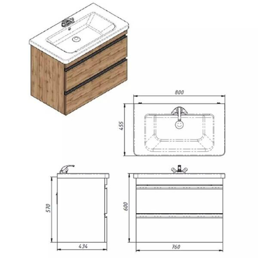 Тумба Devit Frame 753080O 80 см с раковиной и сифоном, натуральный дуб - фото 4