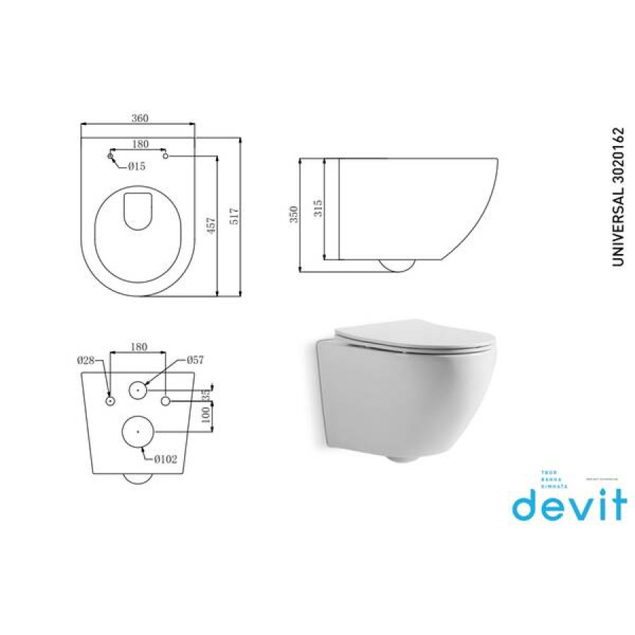 Унитаз подвесной Devit Universal 3020162 безобедочный с сиденьем soft-close, quick-fix - фото 3