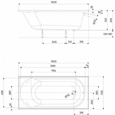 Ванна акриловая Kolo Opal Plus XWP135000N 150х70см белая, без ножек