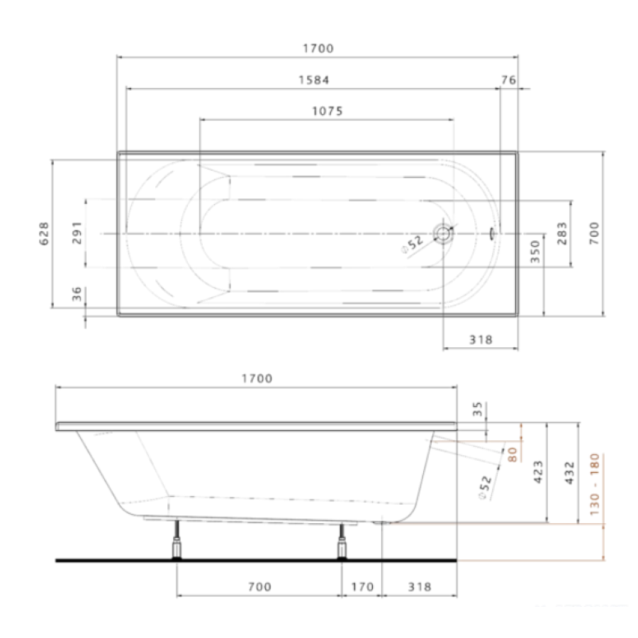 Ванна акрилова прямокутна Kolo Opal Plus XWP137000N 170х70 см біла, без ніжок - фото 3