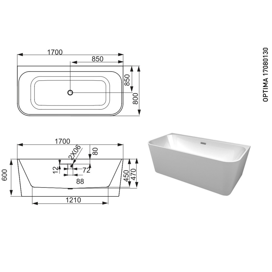 Ванна раздельно стоящая Devit Optima 17080130 170x80 см - фото 3