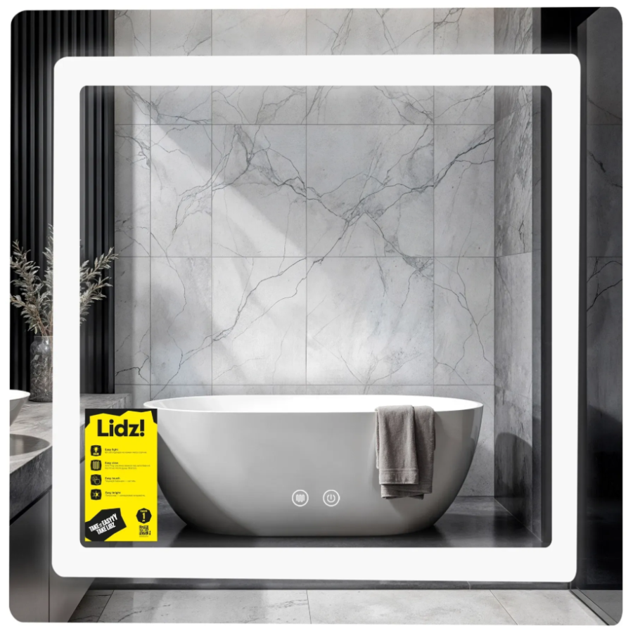 Зеркало настенное Lidz Kubis (KU2) 700х700 мм, прямоугольное, с LED подсветкой Touch, антизап. дым. - фото 1