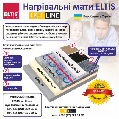 HOT LINE 2ж. мат ДМ- 2,2+2м.г 340вт 220в 2,2кв.м. ЕЛТІС