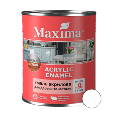 Эмаль акриловая для дерева и металла, белая шелковисто-матовая ТМ Maxima 0.75л