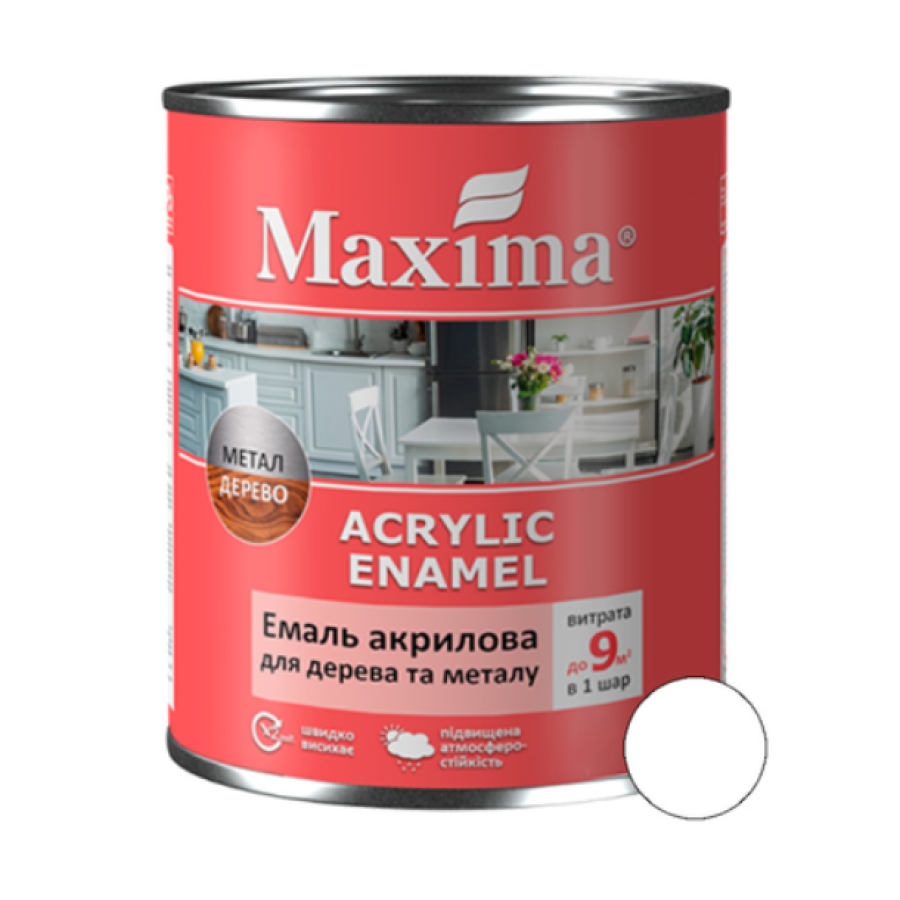 Емаль акрилова для дерева та металу, біла шовковисто- матова ТМ Maxima 0.75л - фото 1