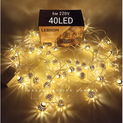 Гирлянда LED LEBRON линейная 6м, шар в металл. 40LED, желтая, IP20