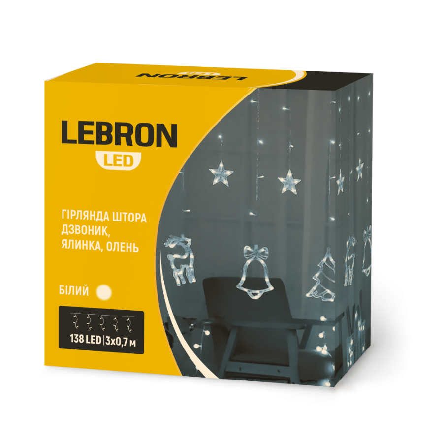 Гирлянда LED LEBRON штора 3х0,7м, елка, колокольчик, олень 138LED, белая, IP20 - фото 3