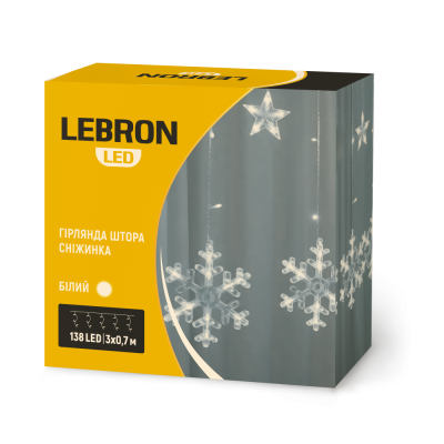 Гирлянда LED LEBRON штора 3х0,7м, снежинка 138LED, белая, IP20