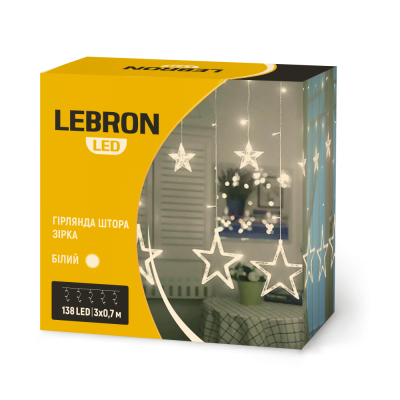 Гирлянда LED LEBRON штора 3х0,7м, звезда 138LED, белая, IP20