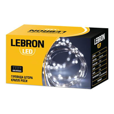 Гирлянда LED LEBRON штора 3х2м, капли росы, 200LED, белая, USB, пульт ДУ, IP20