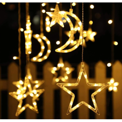 Гирлянда новогодняя штора LKS3436 120 ламп.,и звезды/месяц в форме сосулек, 3 м×0,6 м, 12 секций