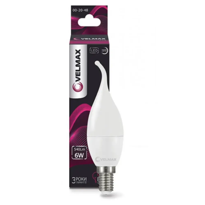 Лампа LED VELMAX V-C37, 6W, 220V, E14, 4100K, 540Lm, EMC