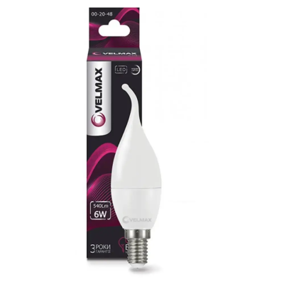Лампа LED VELMAX V-C37T, 6W, 220V, E14, 4100K, 450LM, EMC