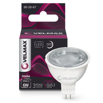 Лампа LED VELMAX V-MR16, 6W, 12V, GU5,3, 4100K, 540Lm