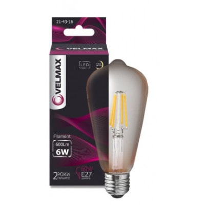 Лампа Velmax LED V-Filament-Amber-ST64 6W E27 2500K 600Lm