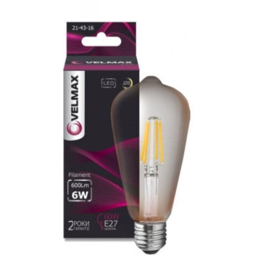 Лампа Velmax LED V-Filament-Amber-ST64 6W E27 2500K 600Lm - фото 1