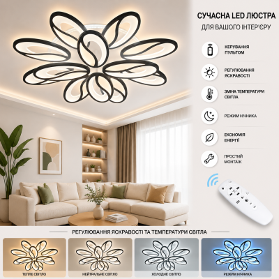 Люстра Diasha 8090/8+4BK LED 3color dimmer