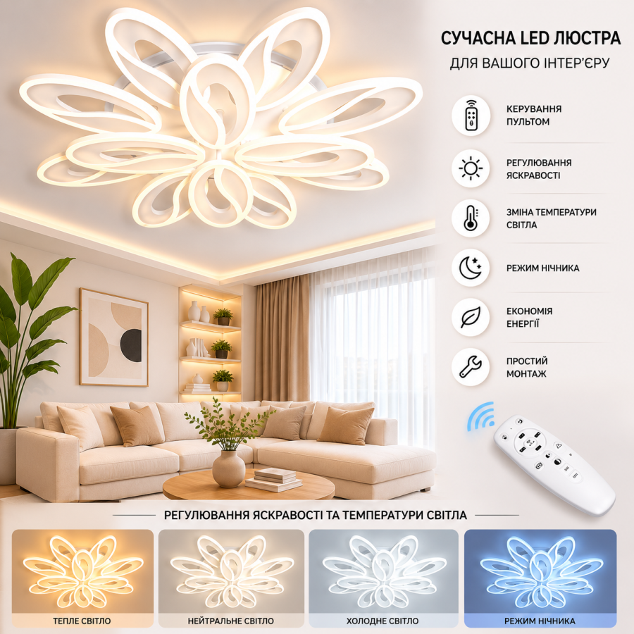 Люстра Diasha 8090/8+4WH LED 3color dimmer - фото 1