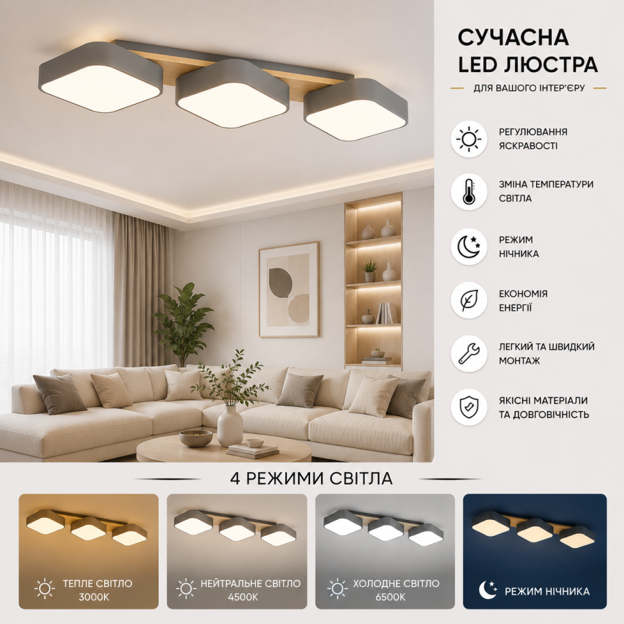 Люстра Sirius B XI3365-3 GREY+WOOD - фото 1