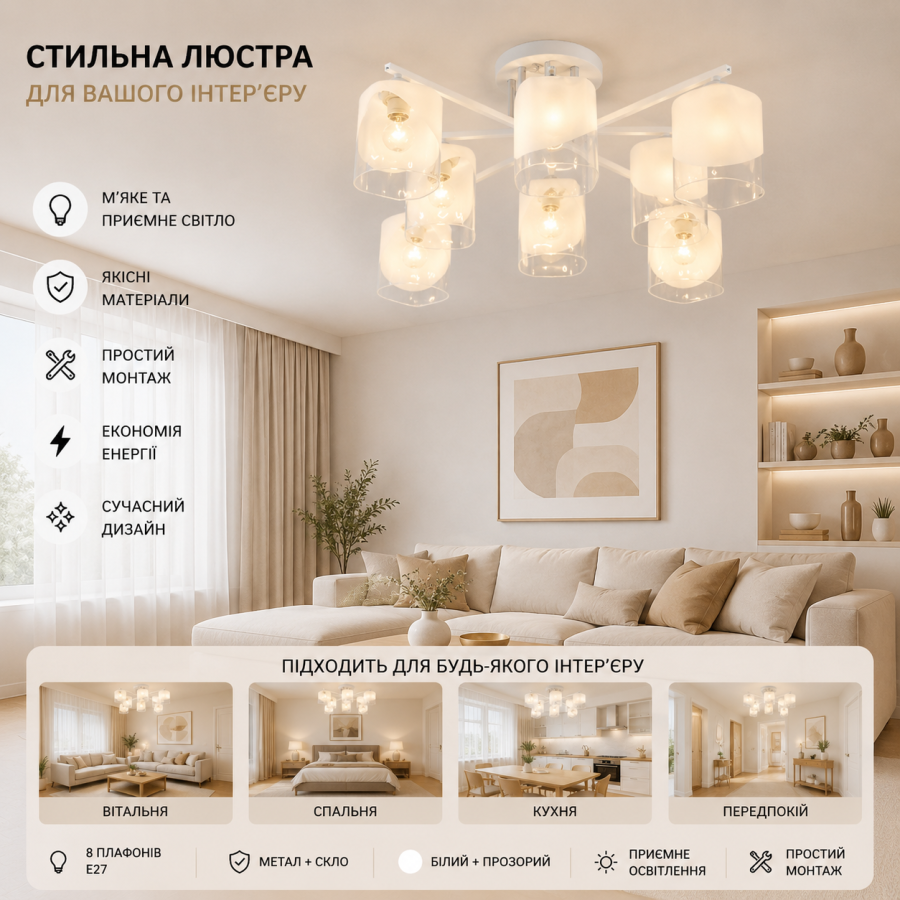 Люстра Sirius G 07245/8 MATTE WHITE+CR - фото 1