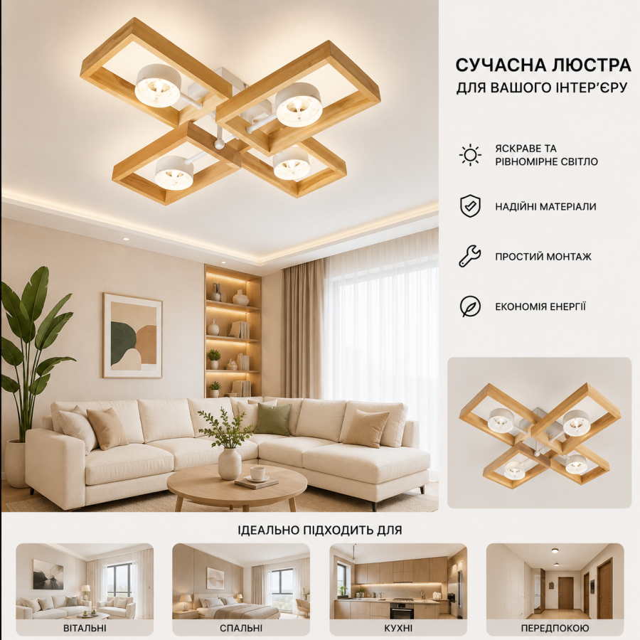 Потолочная люстра KARPATY 4xGX53, max.12W, металл/дерево, белый LIGHT SET - фото 1