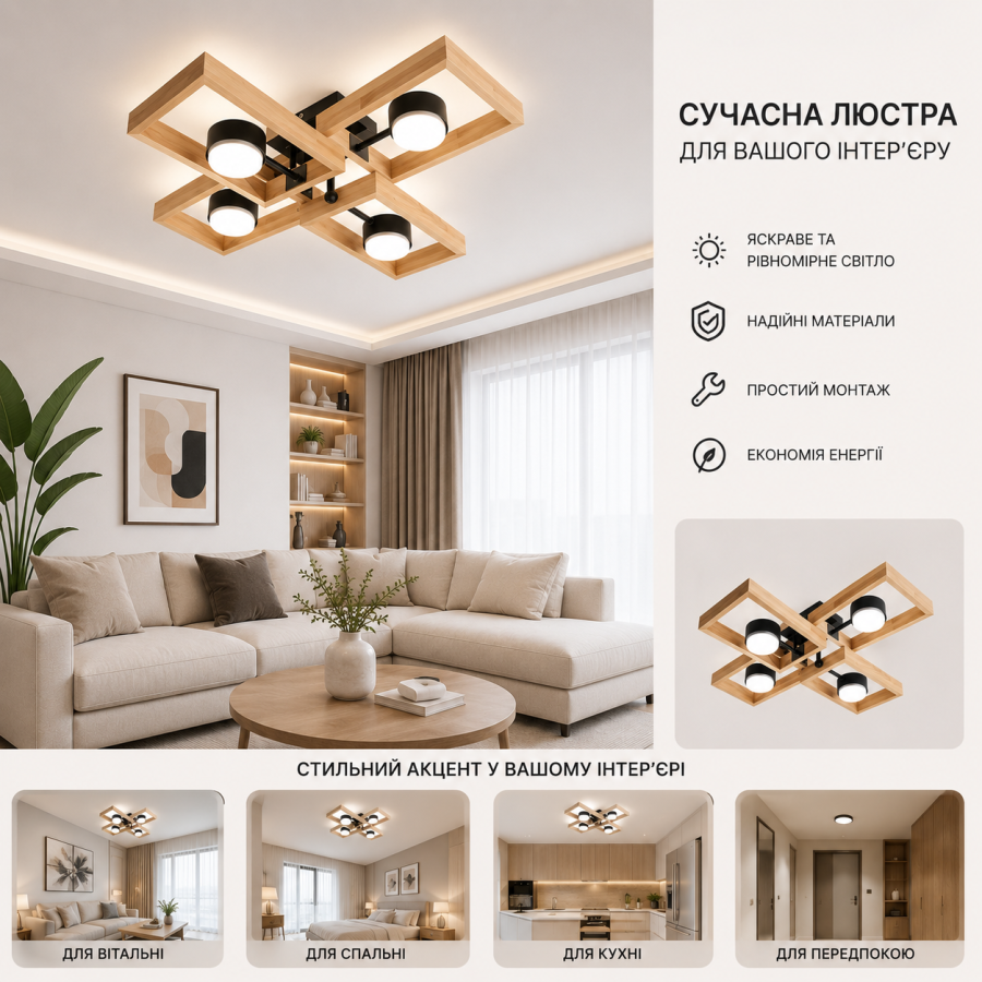 Потолочная люстра KARPATY 4xGX53, max.12W, металл/дерево,черный LIGHT SET - фото 1