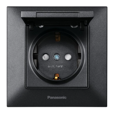 Розетка с заземлением, с защитными, с крышкой, черная Panasonic Arkedia Slim WNTC02102BL-UA
