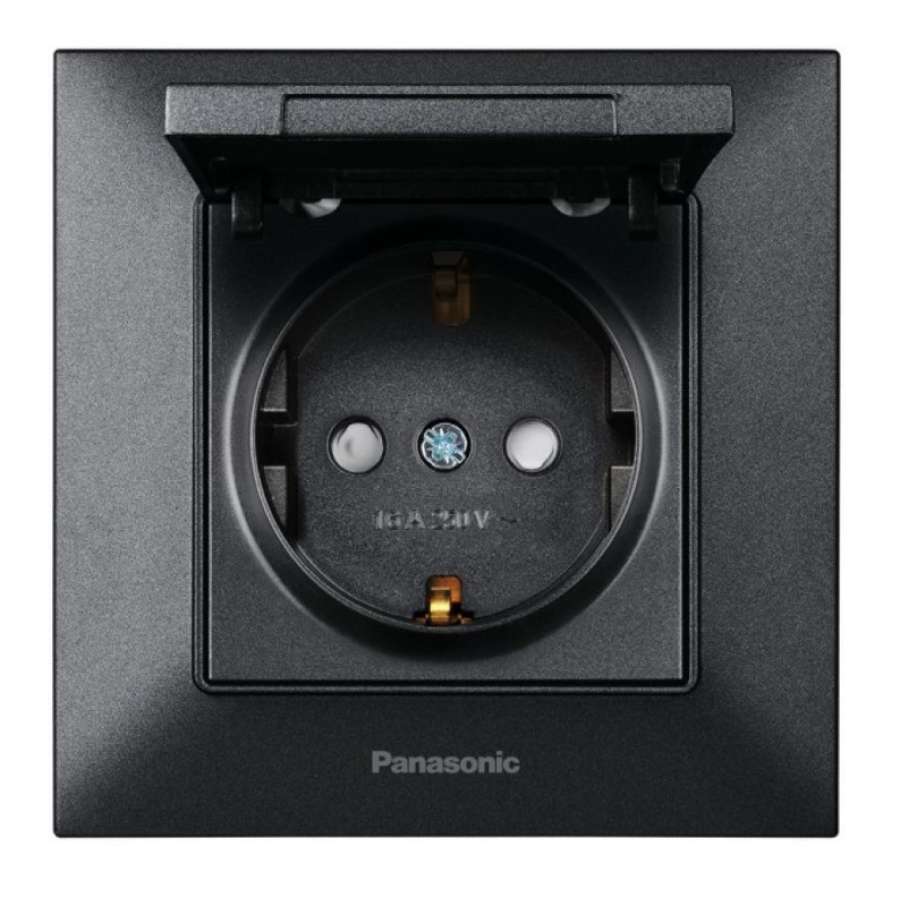Розетка із заземленням, з захисними, з кришкою, чорна Panasonic Arkedia Slim WNTC02102BL-UA  - фото 1