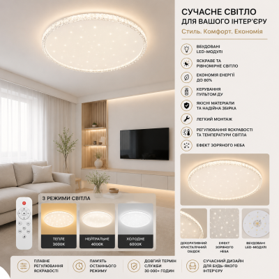 Светильник LED VELMAX V-CL-CRYSTAL-70W, 2700K-6500K, пульт, батарейки 2шт, крепеж, 230V