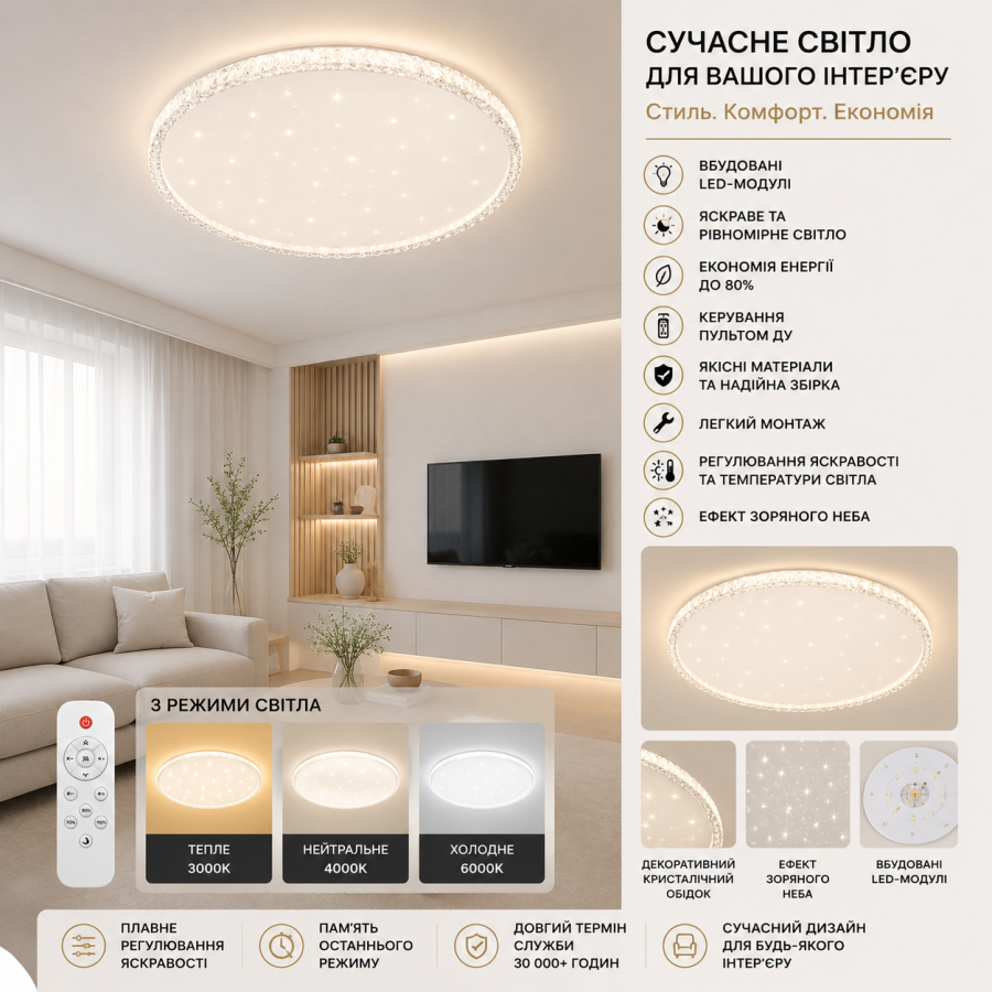 Светильник LED VELMAX V-CL-CRYSTAL-70W, 2700K-6500K, пульт, батарейки 2шт, крепеж, 230V - фото 1