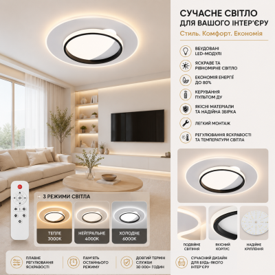 Светильник Led VELMAX V-CL-MIRAY-FQ-R, MAX 40W*2, 2700K-6500K, ПУЛЬТ, БАТАРЕЙКА 2ШТ, КРЕПЛЕНИЕ, 230V