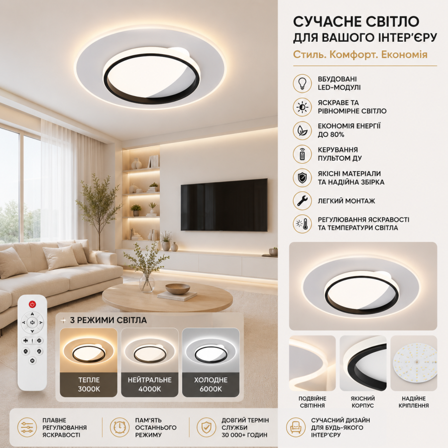 Светильник Led VELMAX V-CL-MIRAY-FQ-R, MAX 40W*2, 2700K-6500K, ПУЛЬТ, БАТАРЕЙКА 2ШТ, КРЕПЛЕНИЕ, 230V - фото 1