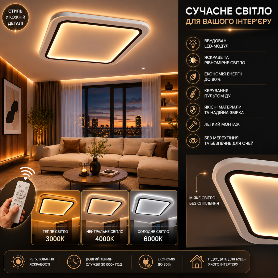 Светильник Led VELMAX V-SL-MIRAY-S, MAX 80W, 3000K-6500K, 4800LM, ПУЛЬТ ДК 23-44-44 - фото 1