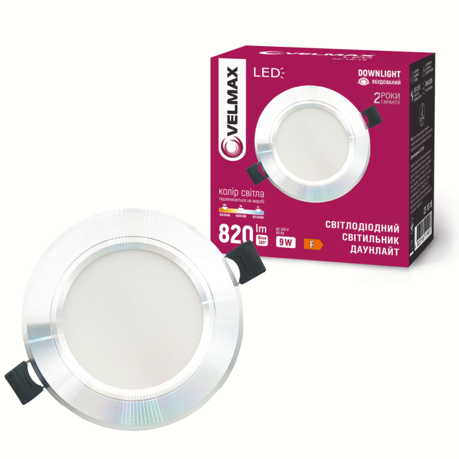 Светильник VELMAX V-DR-SI, 9W, 3000-6500K, серебряный с переключателем 230V - фото 1