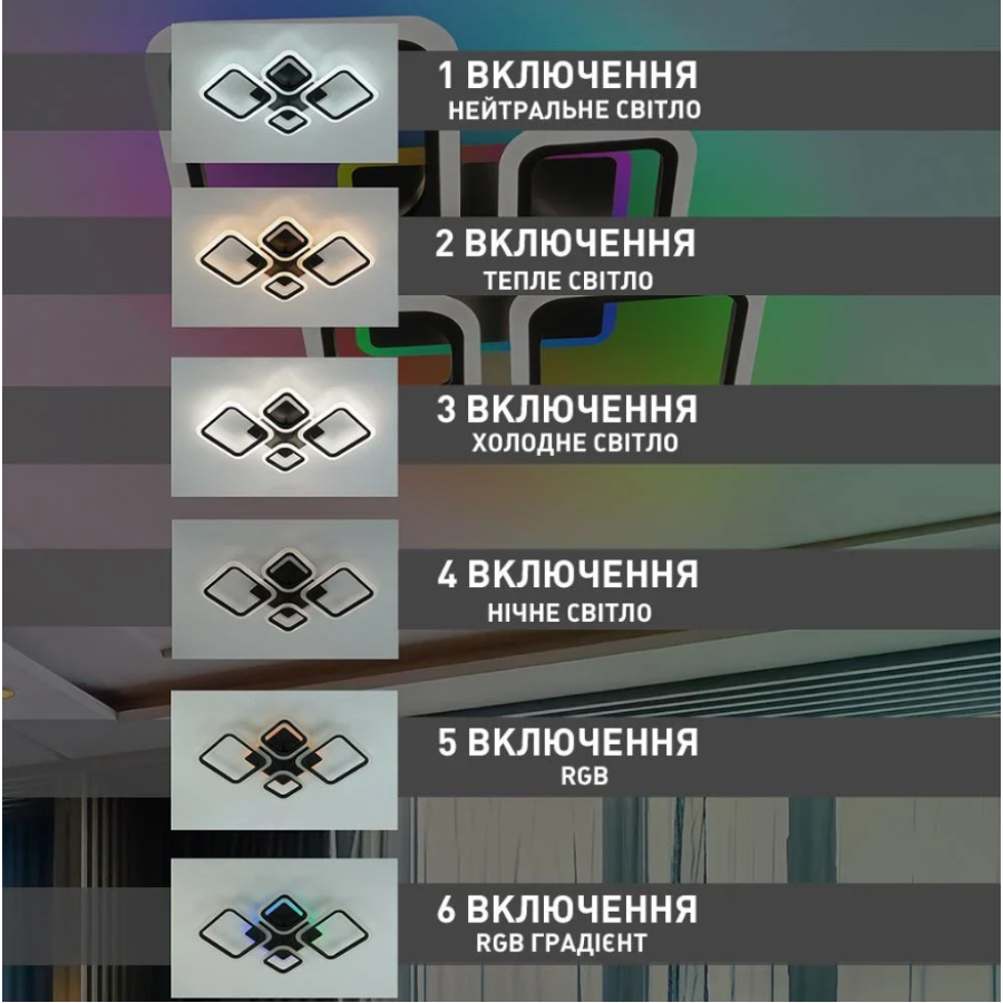 Управляемая МУЗЫКАЛЬНАЯ светодиодная люстра 10590 OVAL RGB MUSIC 80W 5S-SMART-725x460x80-BLACK-220-IP20 - фото 6