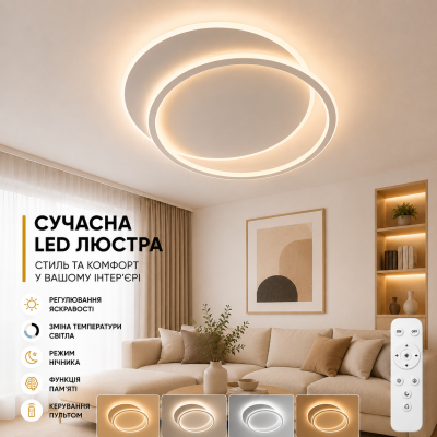 Управляемая светодиодная люстра 10108 STANDART 80W 2R-ON/OFF-485*410*50 WHITE/WHITE-220-IP20