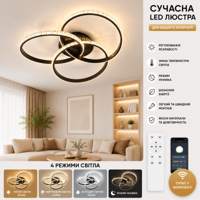 Управляемая светодиодная люстра 10124 VITA 80W 3R-APP-500*130-BLACK/CLEAR-220-IP20