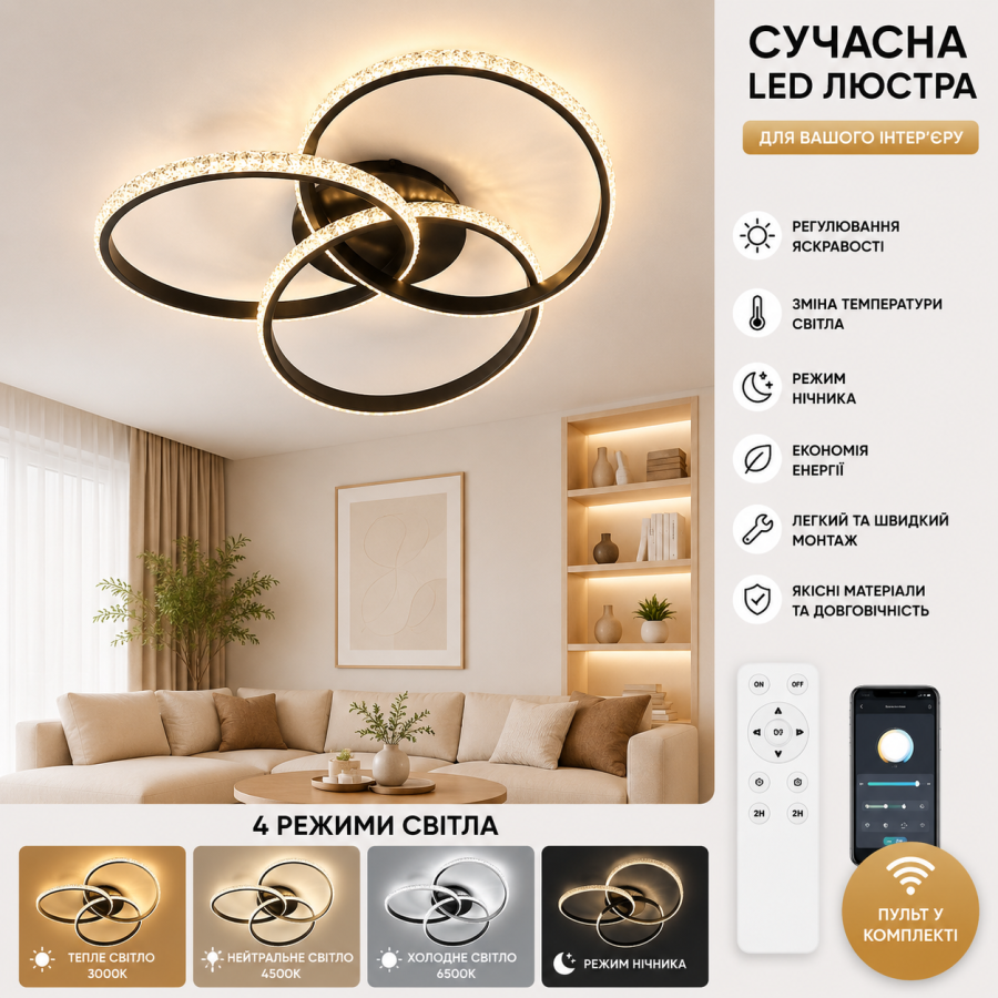 Управляемая светодиодная люстра 10124 VITA 80W 3R-APP-500*130-BLACK/CLEAR-220-IP20 - фото 1