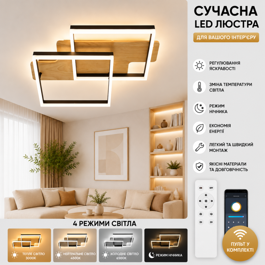 Управляемая светодиодная люстра 10218 WOODY 85W-2S-APP-500*430*135-BLACK/WOOD-220-IP20 - фото 1