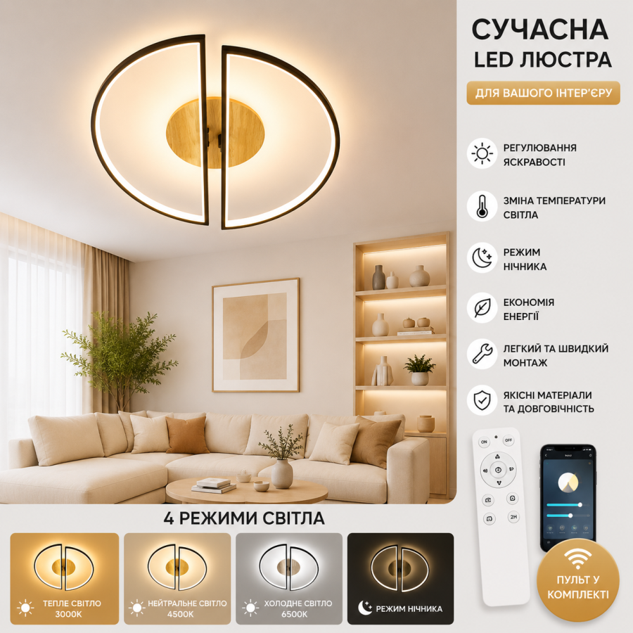 Управляемая светодиодная люстра 10219 WOODY 75W-2PR-APP-500*135-BLACK/WOOD-220-IP20 - фото 1