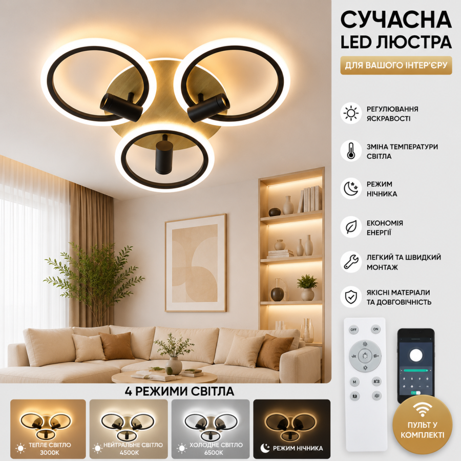 Управляемая светодиодная люстра 10224 WOODY 70W-3LR-APP-582*115-BLACK/WOOD-220-IP20 - фото 1
