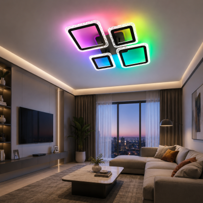 Управляемая светодиодная люстра 10405 OVAL ICE RGB 75W 5S-APP-725x500x93-BLACK/CLEAR-220-IP20